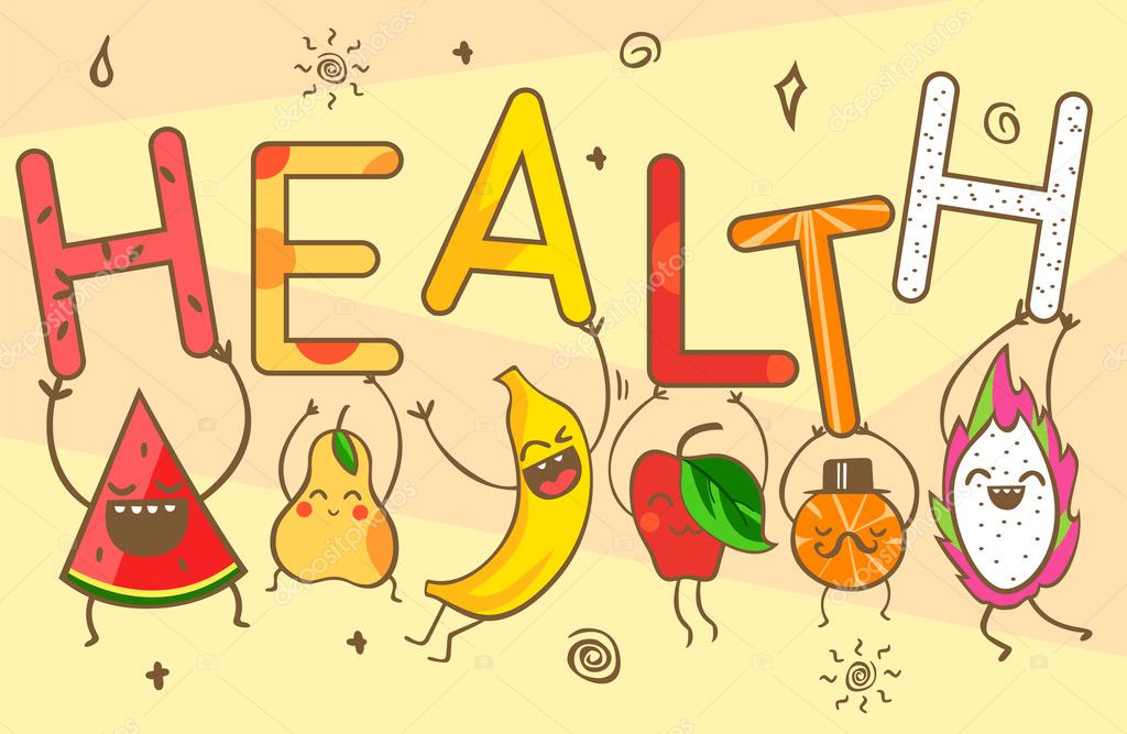 귀여운 가와이이 만화 과일은 건강 문자를 가지고 있습니다. 건강 식품 : 수박, 바나나, 만다린, 사과, 파인애플, 레몬, 배
