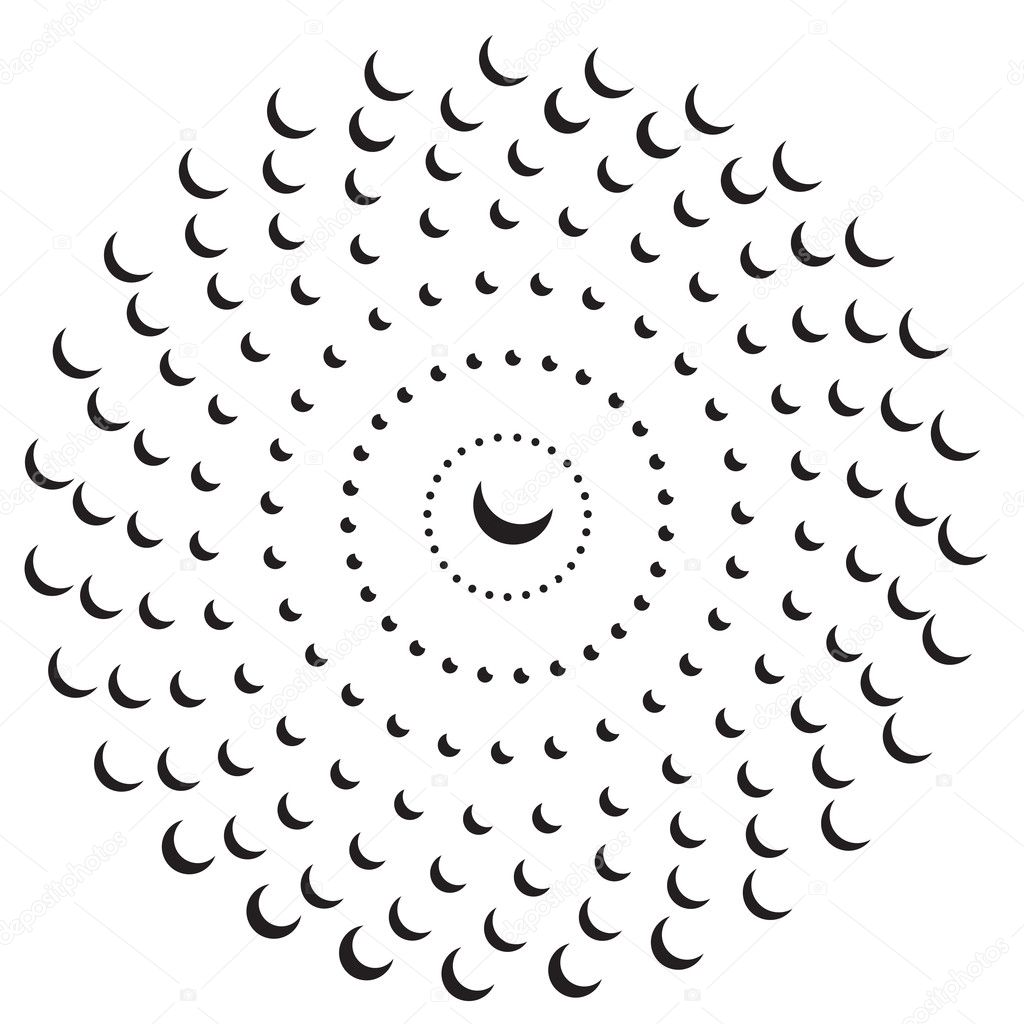Croissant or crescent dots spiral background. Abstract vector object