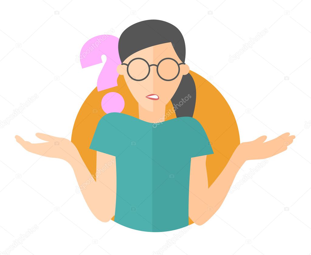 Flat design icon. Pretty girl in glasses doubts. Woman with a question mark. Simply editable isolated vector illustration