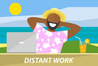 Uzaktan bir dizüstü bilgisayarda çalışan mutlu siyah adam. Uzak iş, serbest, iş özgürlük kavramı. Düz tasarlamak vektör