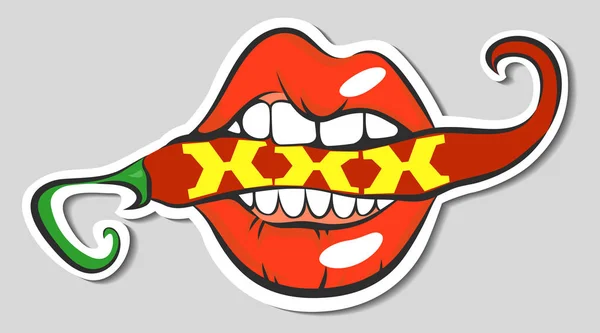 Labbra sexy pop art con pepe e scritte xxx, illustrazione vettoriale, semplicemente modificabile EPS 10 — Vettoriale Stock