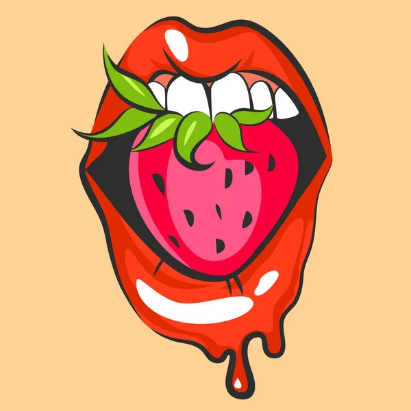 Seksi dudakları tatlı çilek ile. Pop art ağız pembe berry ısırma. Çizgi film ağız görünümü kapatın. Vektör çizim