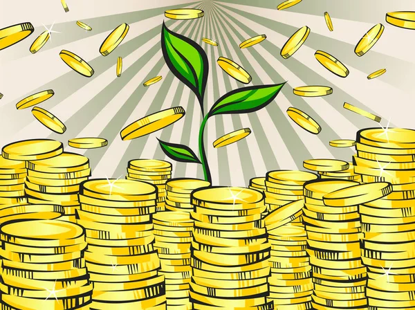 Zlaté peníze komíny s zelený výhonek stromu bohatství. Zlaté mince. Retro vektorové ilustrace zářící bohatství. Pop-art poklad obrázek. — Stockový vektor