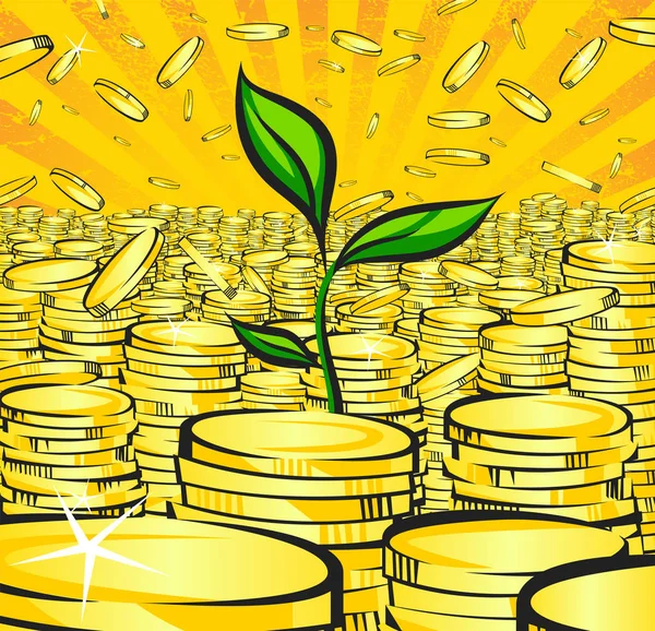 Zlaté peníze komíny s zelený výhonek stromu bohatství, zlaté mince, retro vektorové ilustrace zářící bohatství, pop-art poklad obraz — Stockový vektor