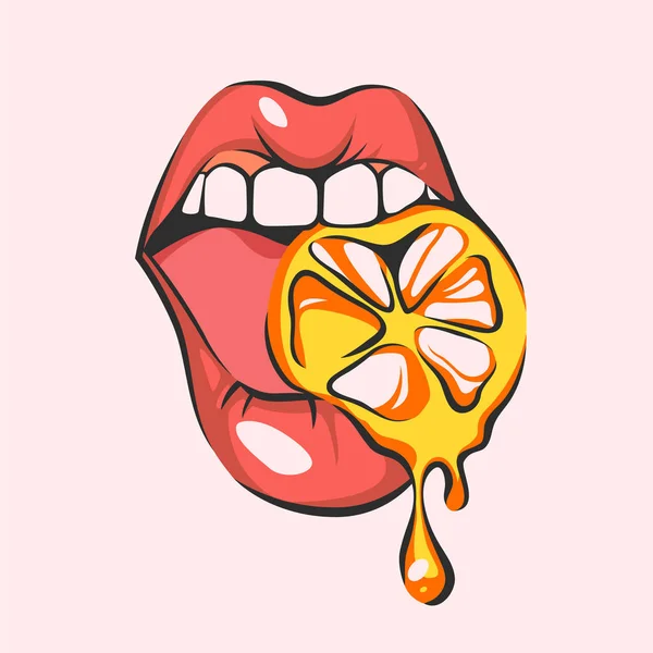 Sexy lips with juicy orange, isolated vector illustration, retro pastel colors — Stock Vector