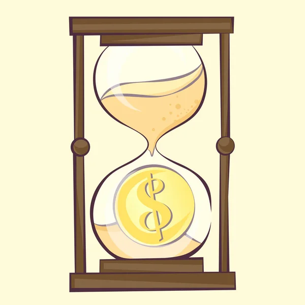 Tid är pengar koncept, timglas tecknad illustration med dollarn. Sandglass, retro stil, vektorbild — Stock vektor
