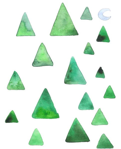 Abstrakte Aquarell-Weihnachtskarte mit noetischen kindischen Bäumen, Mond und Schnee — Stockfoto