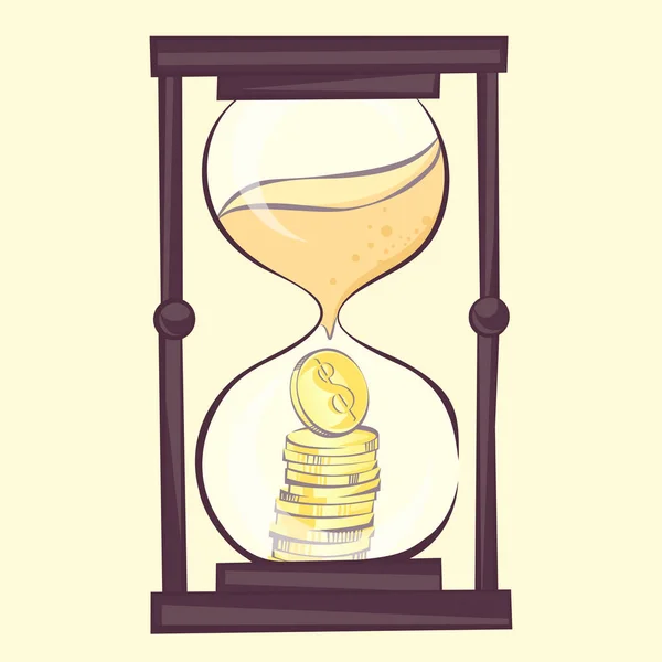 Tid är pengar koncept, timglas tecknad illustration med dollarn. Sandglass, retro stil, vektorbild. — Stock vektor