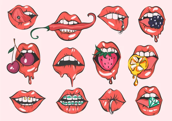 Pop arte sexy lábios vetor definido — Vetor de Stock