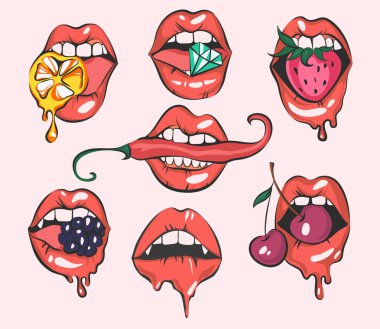 Seksi pop sanat dudakları seti, görünümü, karikatür kızlar ağızlarını kapatın, çizimler vektör