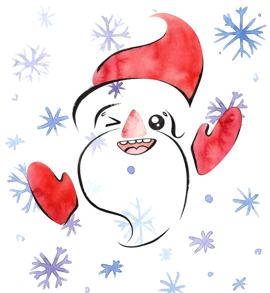 Augenzwinkernder und lächelnder Weihnachtsmann, handgezeichnete Aquarell-Illustration mit Clipping-Maske, niedlicher kawaii-noetischer Stil — Stockfoto