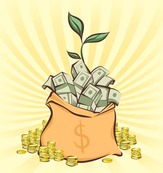 Денежный мешок с пачками долларов на фоне ретро-лучей, рядом стопки монет, росток денежного дерева, стиль мультфильма, векторная иллюстрация — стоковый вектор