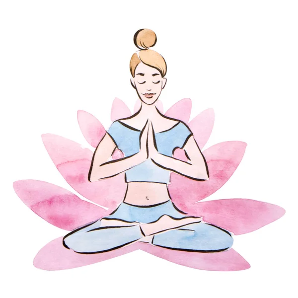 Yoga woman, pretty young girl practising lotus pose in a giant lotus flower, watercolor technique — Stock Photo, Image