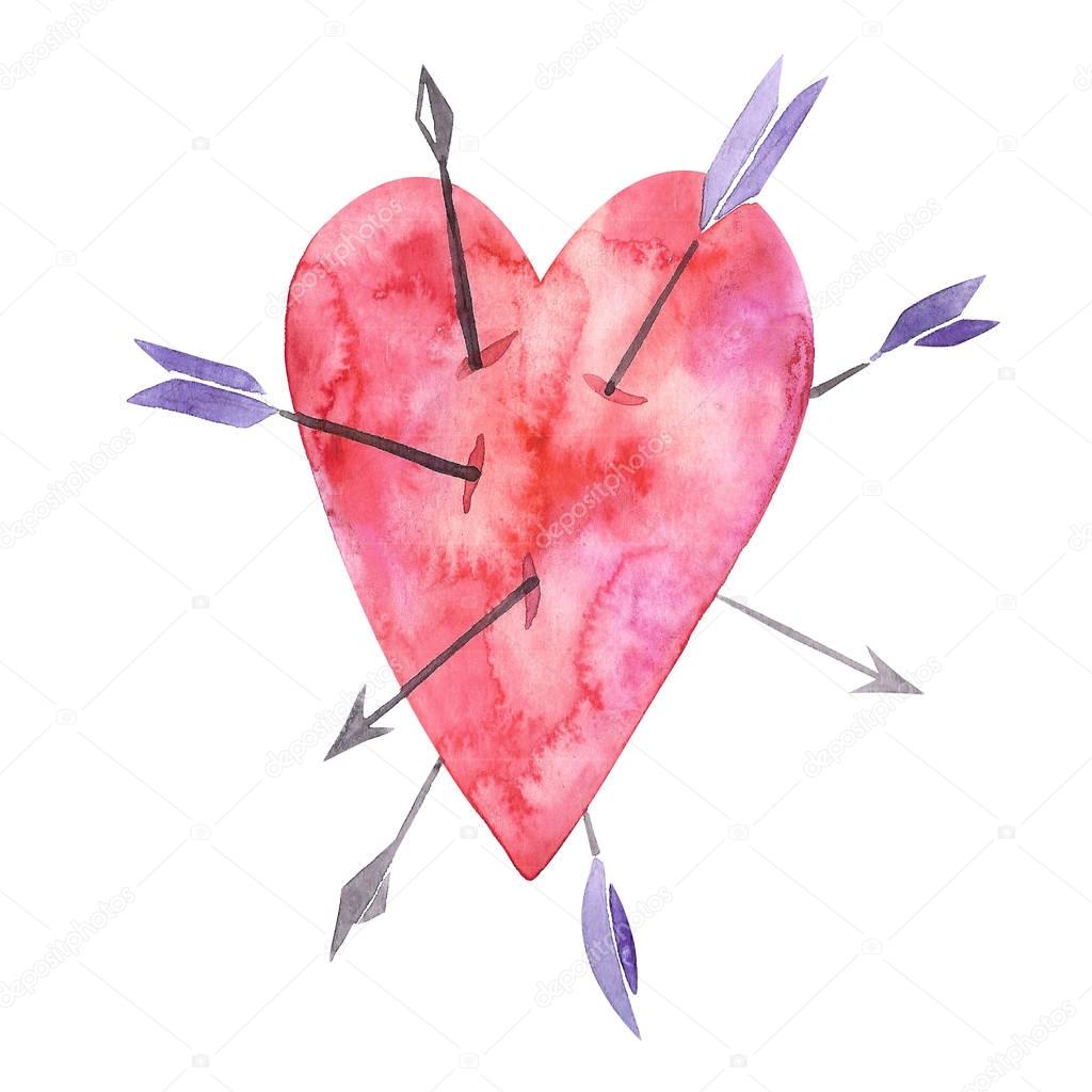 Heart with a lot of arrows, love sign, valentines symbol, watercolor with clipping mask technique