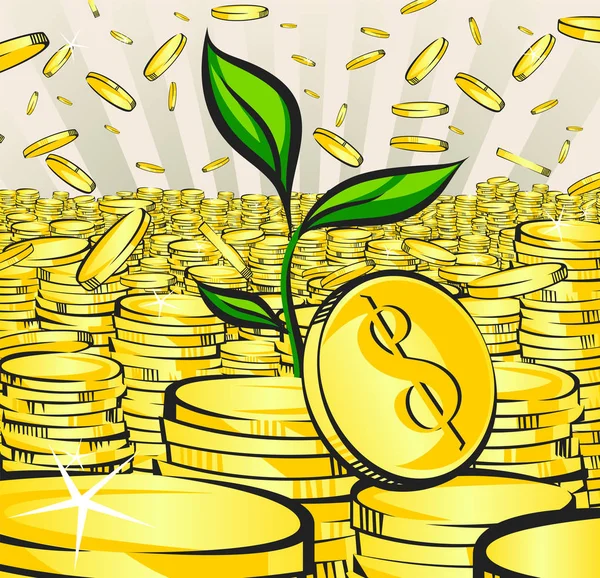 Peníze koncepce růstu, výhonek roste ze zlatých mincí, vektorové ilustrace — Stockový vektor