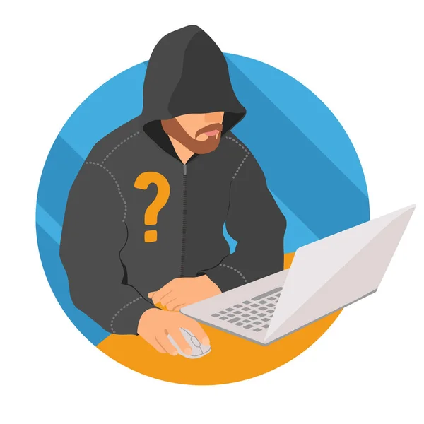 Usuário anônimo no ícone do laptop, sinal de anonimato da web de design plano, ilustração vetorial —  Vetores de Stock