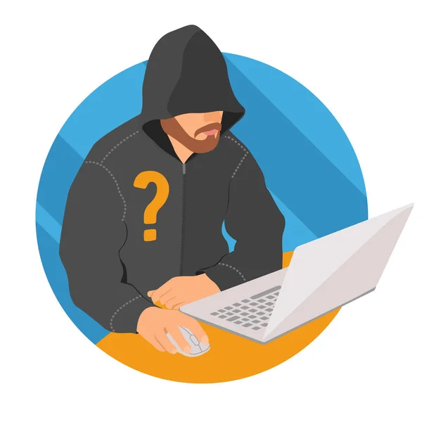 Dizüstü bilgisayar kutsal kişilerin resmi, düz tasarım web anonimlik işareti, vektör çizim anonim kullanıcı