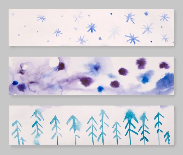 Набор из трех рук нарисованных акварелью дизайн заголовка, синий, серый и розовый цвет палитры, элементы дизайна блога, зимняя тема — стоковое фото