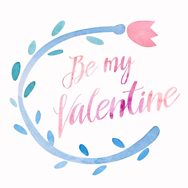 Be my Valentine cute kawaii watercolor holiday card layout, wreath with calligraphic lettering — Stock Photo, Image