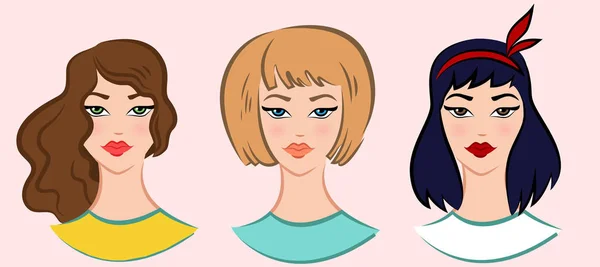Satz schöner junger Mädchen mit verschiedenen Frisuren, Vektor-Illustrationen — Stockvektor