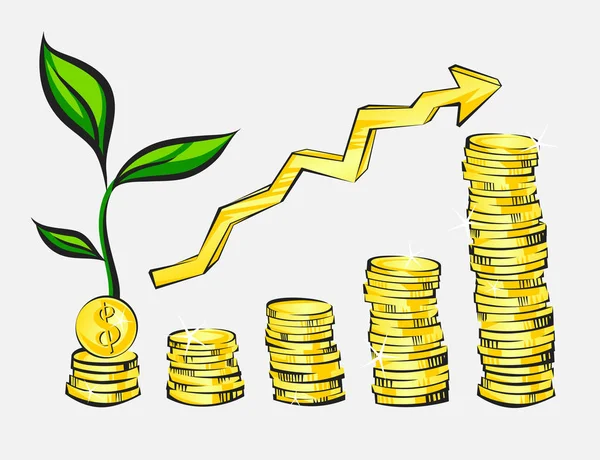 Concetto di aumento del reddito, pile di monete d'oro con albero dei soldi, vista prospettica, illustrazione vettoriale — Vettoriale Stock