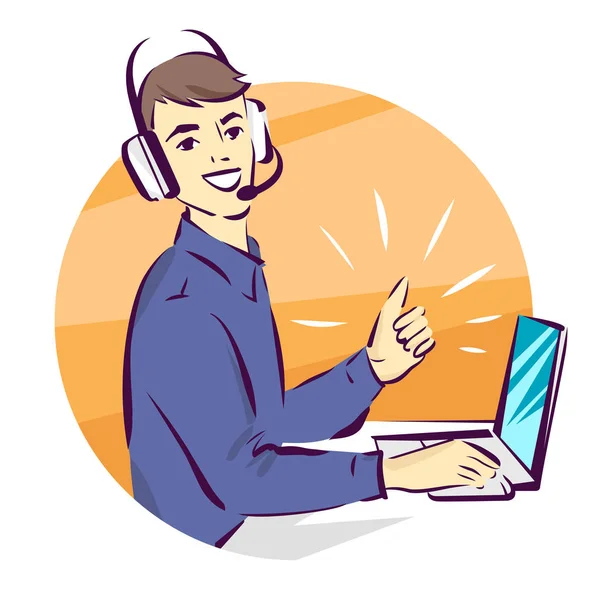 Call center support vector illustration, man in handsfree headphones working on laptop and showing thumb up — Stock Vector