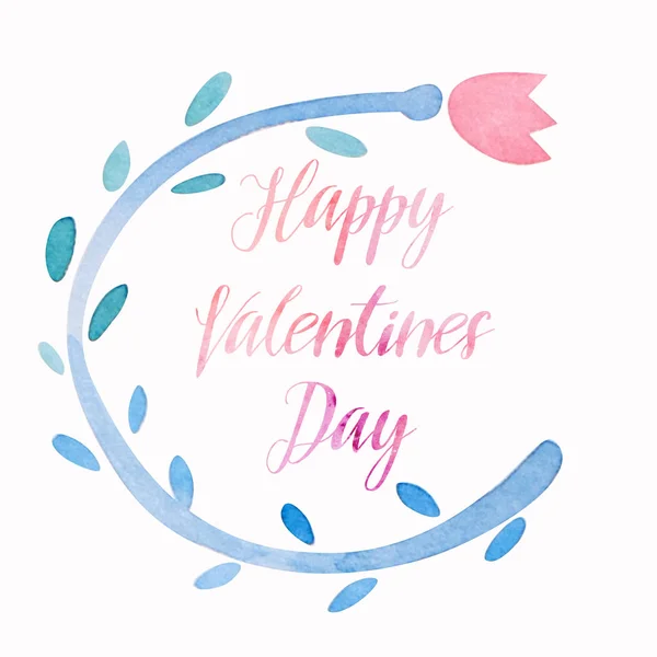 幸せなバレンタインデーかわいい水彩画の休日カード レイアウト、カリグラフィのレタリングとチューリップ花輪 — ストック写真