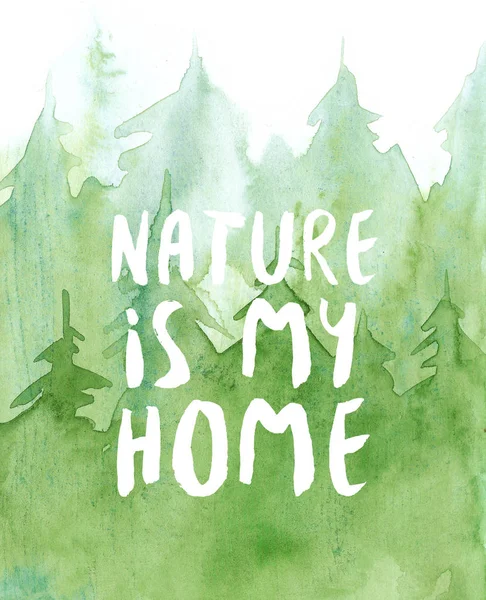 Aquarelle pin fond de forêt, arbres verts illustration, la nature est mon lettrage à la maison — Photo