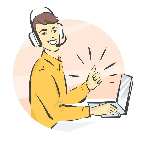 Call center support, vector illustration, man in handsfree headphones working on laptop and showing thumb up — Stock Vector