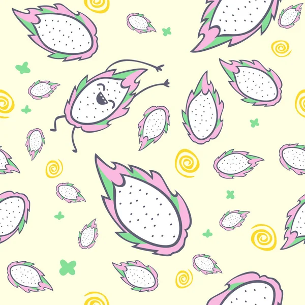 Dragon fruit seamless pattern, cartoon character, cute kawaii pitaya, vector illustration — Stock Vector