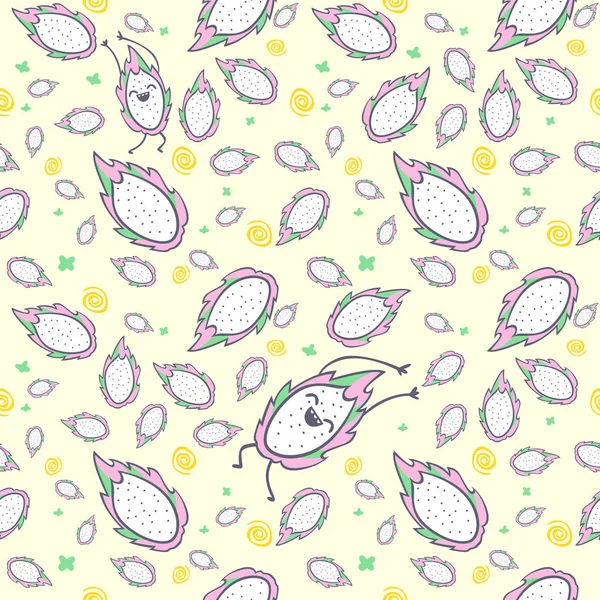 Dragon fruit seamless pattern, cartoon character, cute kawaii pitaya, vector 10 EPS — Stock Vector