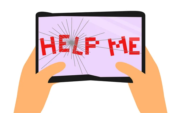 Сломанный планшетный компьютер с надписью "Помоги мне", векторная иллюстрация — стоковый вектор