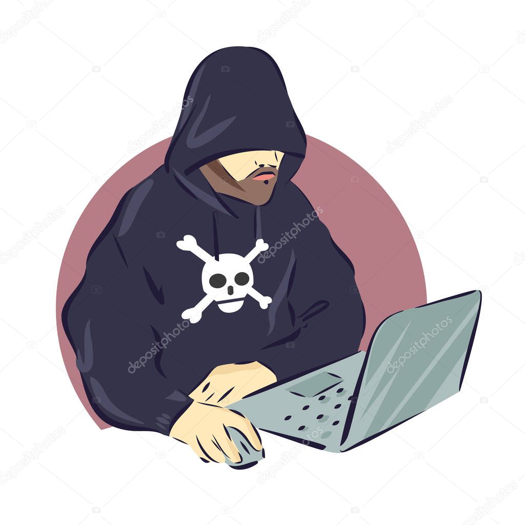 Hacker on laptop icon, web criminal sign, vector illustration