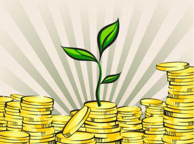 Servet kavramı, paralar yığınlar, vektör çizim ile para ağacı büyüyen