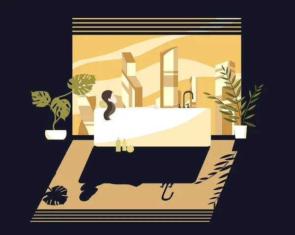 Жінка розслабляється у ванній, розкішна квартира, плоский стиль з довгими тінями, Векторні ілюстрації — стоковий вектор