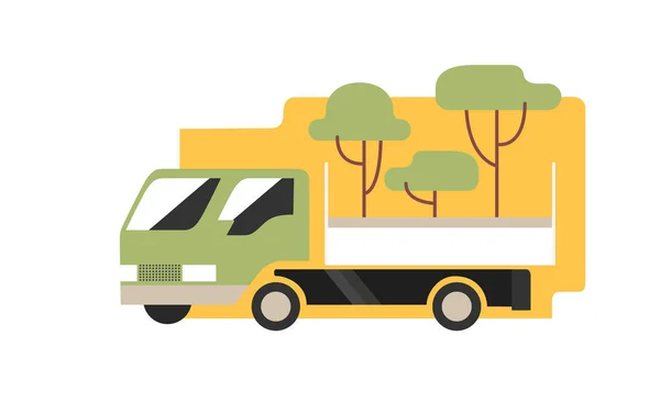 Granjero camioneta con árboles jóvenes para la jardinería, icono de vector de estilo plano — Vector de stock