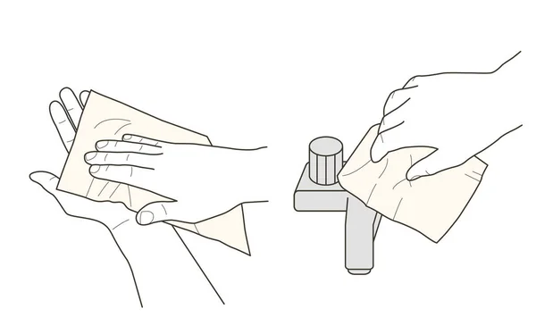 Händer som torka och tryck stänger med pappershandduk, vektorillustration, instruktion tecken — Stock vektor