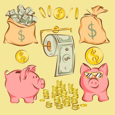 Vektör Finans öğeleri ve metafor komik karikatür tarzı: Para çantaları, kumbara, paralar, Doları tuvalet kağıdı