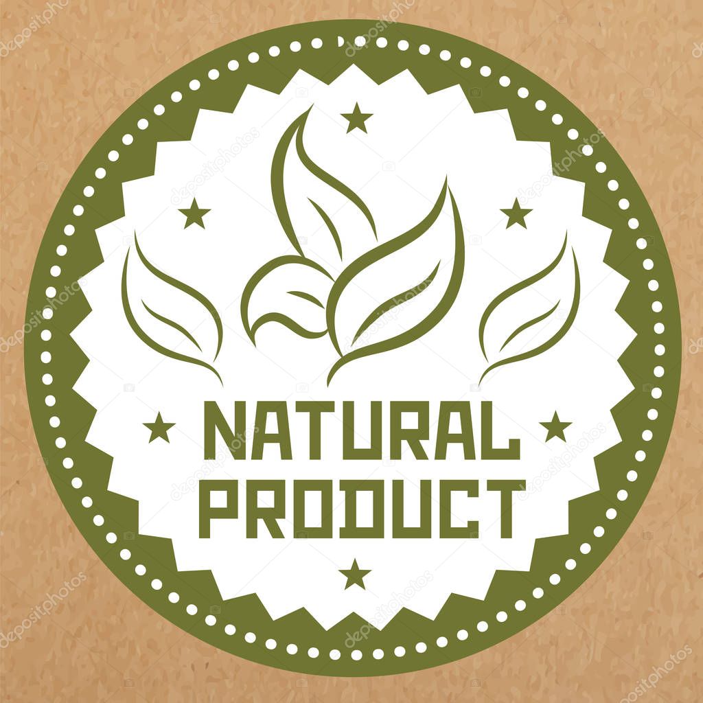 Natural product green label badge with leaves. Isolated vector object