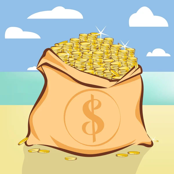 Χρυσά νομίσματα θησαυρός στο νησί παραλία εικονογράφηση διάνυσμα — Διανυσματικό Αρχείο