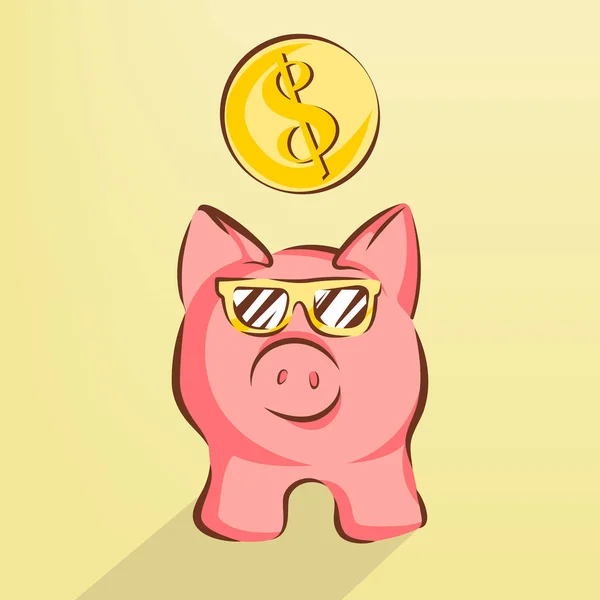 Piggy bank em óculos de sol com ilustração vetorial dólar —  Vetores de Stock