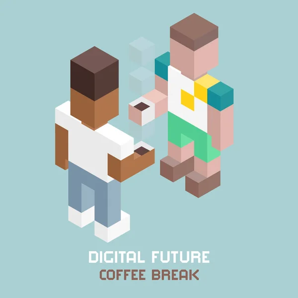 Ψηφιακό μέλλον ομάδα διάλειμμα για καφέ, κύβους σύνθεση ισομετρική διανυσματικά εικονογράφηση — Διανυσματικό Αρχείο