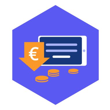 Satılık, indirim, fiyat düşüş simgesi. Tablet PC ile ok ve euro işareti. Düz tasarlamak vektör