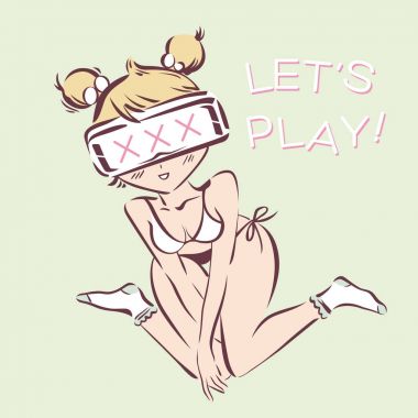 Seksi Kız bardaklarda sanal gerçeklik, Yetişkin Vr reklam kavramı. Vektör çizim. Yazı oynayalım