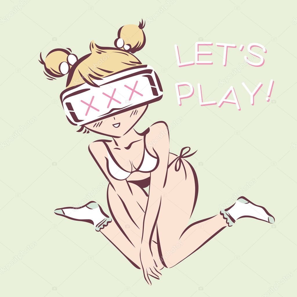 Sexy girl in virtual reality glasses, adult VR advertising concept. Vector illustration. Lets play lettering
