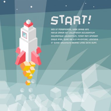 Roket fırlatma, iş başlangıç metafor. Kompozisyon izometrik vektör çizim cruise füzesi küpler. Yeni ürün, başarılı başlangıç kavramı.