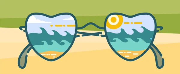 Glazen weerspiegelt strand, zee of Oceaan, golven en zonneschijn. Vector-object voor reizen ontwerp — Stockvector