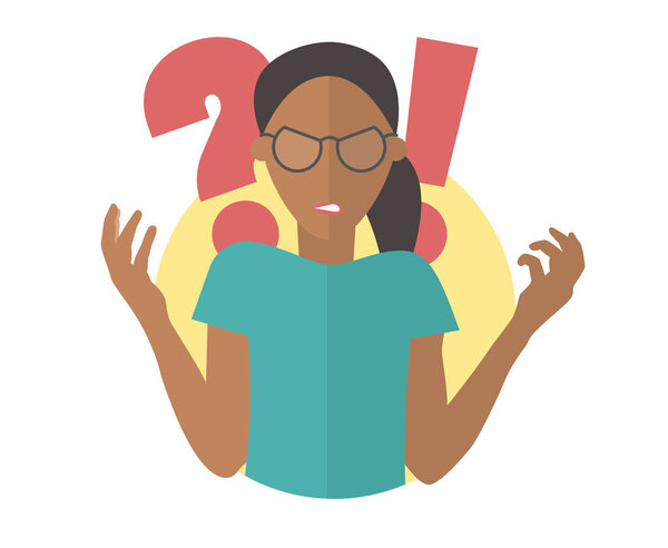 Black angry girl in glasses. Woman in rage. Flat design icon. Simply editable isolated vector illustration