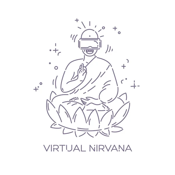 Occhiali di realtà virtuale su Buddha. VR cuffie concetto di pubblicità. Nirvana virtuale. Illustrazione vettoriale linea tratteggiata — Vettoriale Stock