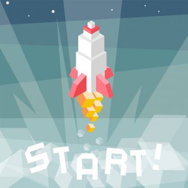 Roket fırlatma. İş başlangıç metafor. Kompozisyon izometrik vektör çizim cruise füzesi küpler. Yeni ürün, başarılı başlangıç kavramı.